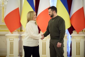 Президент України Володимир Зеленський провів зустріч із Головою Ради міністрів Італійської Республіки Джорджею Мелоні, яка прибула з візитом до нашої країни, 21 лютого 2023 року.